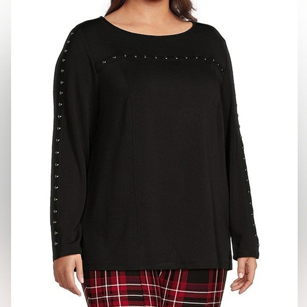 Slim Factor Stud Top Shirt Boat Neck Womens Size 2X Black 3/4 Sleeve Goth Witchy